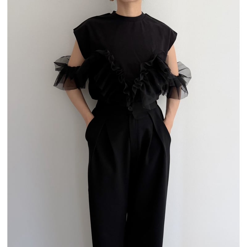 ▪️専用　BORDER FRILL TOP(38) 　BLACK 2way Tulle Frill Tops / black | AMIE