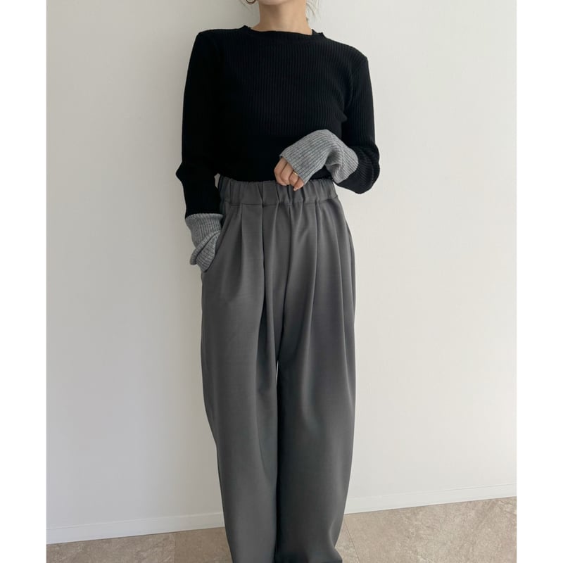 【SALE】ami スラックス ゴムウエスト グレー AMIE original》ウエストゴムtuckワイドPT / gray | AMIE