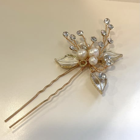 Pearl Stone Flower Hair Pin（Gold）／HA_148