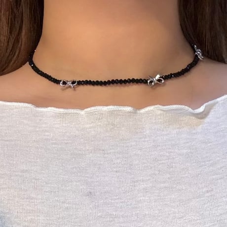 2408NC0261 / beads ribon choker necklace（Black）