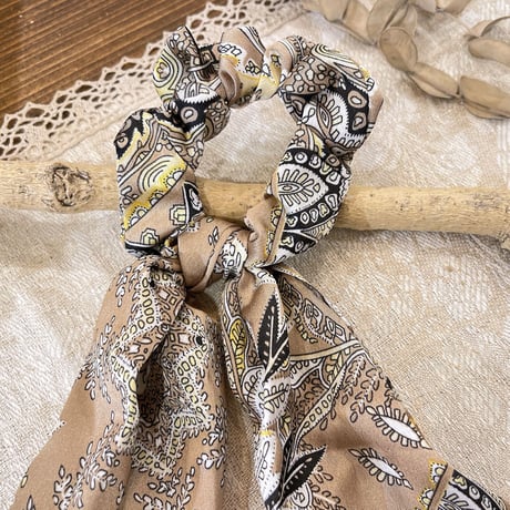 Long ribbon ethnic pattern Hair tie（Beige）/ HA-090