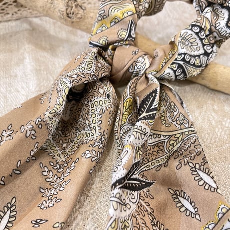 Long ribbon ethnic pattern Hair tie（Beige）/ HA-090
