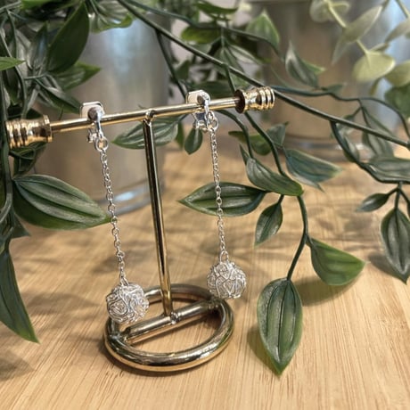 Line Ball drop Chain Clip Earrings（Silver） /  2112_ER093