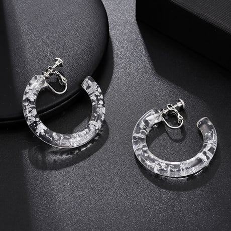 C-Shaped Acrylic Hoop Earrings（Clear / Gold） /  2102_ER052