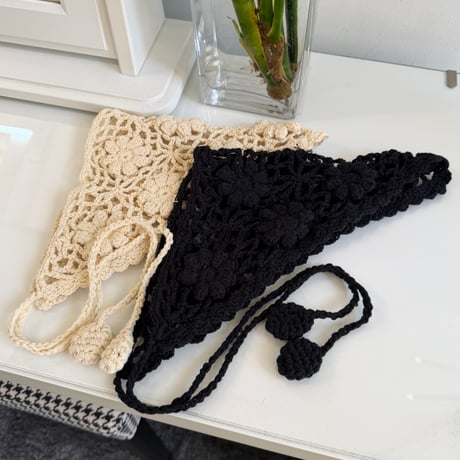 2606GS072(S) / Flower Motif Crochet Head Scarf (Beige)