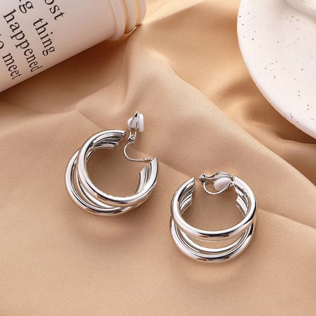 Three Line Vintage Clip Earrings（Silver） / 2107_ER067