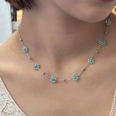 2603NC0380 / Beads Flower Necklace（Silver/ Light Blue）