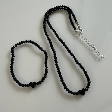 2603NC0379 / Point heart beads Bracelet Necklace Set（Black）