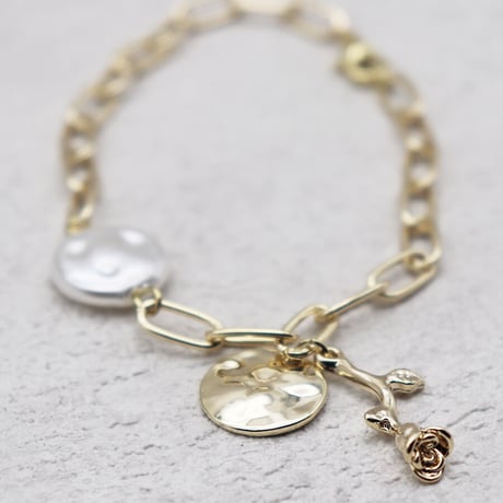Rose pearl circle plate Chain Bracelet （Gold）/ BR-038