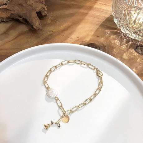 Rose pearl circle plate Chain Bracelet （Gold）/ BR-038