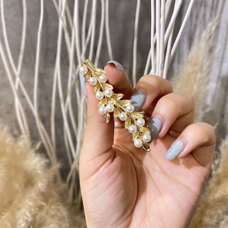 Leaf motif pearl Hair clip（Gold）/ HA-080