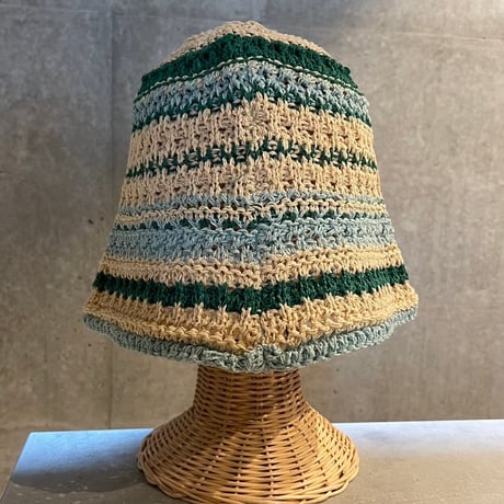 2407HW0043(S)/ Border color crochet Hat Hat（Beige×LtBlue×Green）
