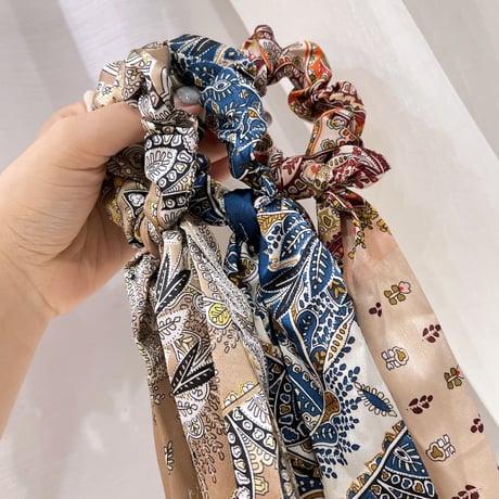 Long ribbon ethnic pattern Hair tie（Beige）/ HA-090