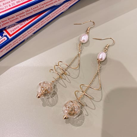 Spiral Glass bubble Pearl Pierce（Gold） /  2206_PR0497