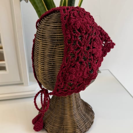 2606GS072(S) / Flower Motif Crochet Head Scarf (Wine)