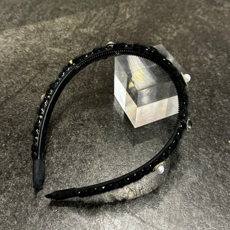 2409HA0077 / Pearl stone embroidery headband（Black）