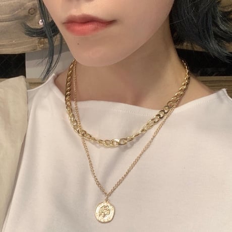 Coin Layered Thick Link Chain Necklace（Silver）  / 2106-NC061