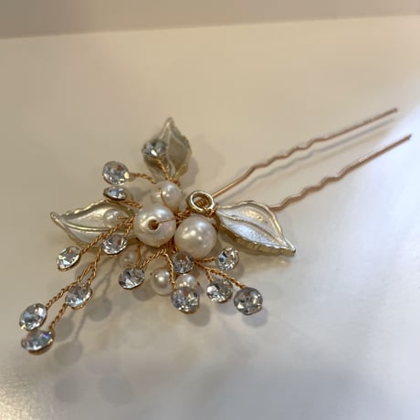 Pearl Stone Flower Hair Pin（Gold）／HA_148