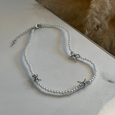 2408NC0261 / beads ribon choker necklace（Pearl）