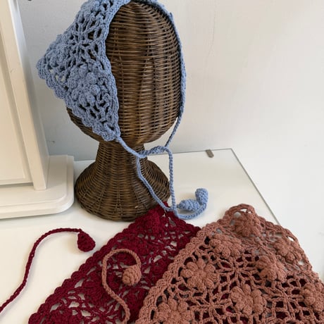 2606GS072(S) / Flower Motif Crochet Head Scarf (Wine)