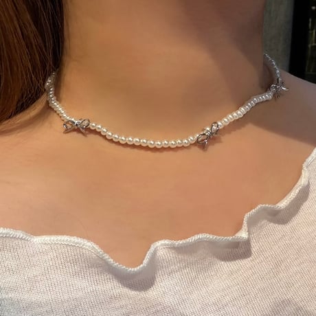2408NC0261 / beads ribon choker necklace（Pearl）