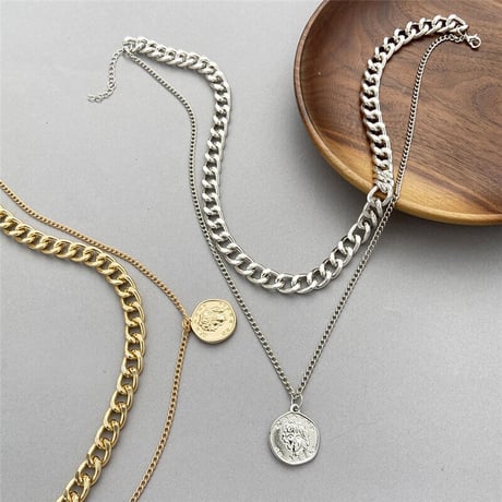 Coin Layered Thick Link Chain Necklace（Silver）  / 2106-NC061