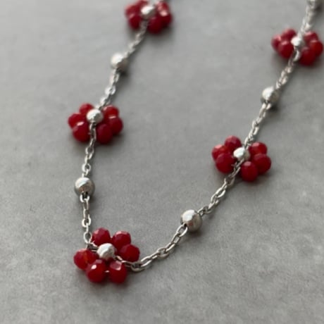 2603NC0380 / Beads Flower Necklace（Silver/ Red）