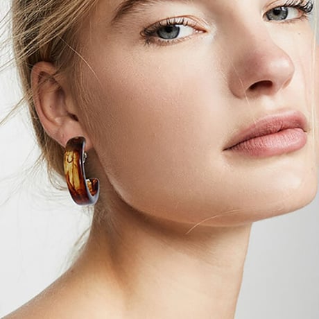 Acrylic Ear Hoop Clips L Earrings（Marble Brown） /  2102_ER041