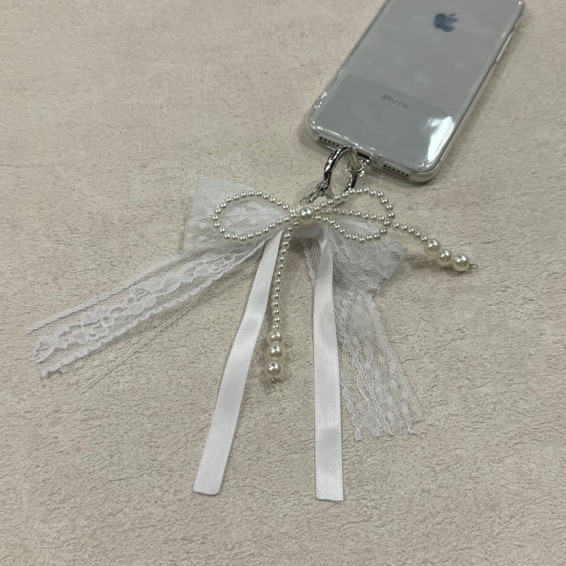 2407GS006(S)/ Lace pearl ribbon Keychain（White）