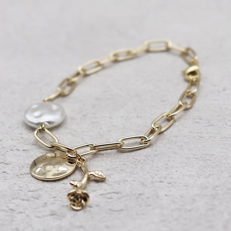 Rose pearl circle plate Chain Bracelet （Gold）/ BR-038