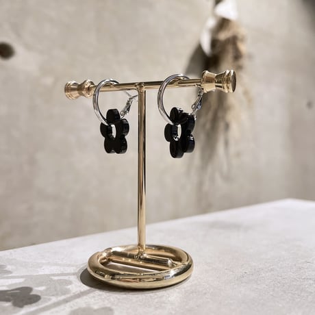 Black flower metal hoop pierce（Silver/Black）/ 2210_PR0535