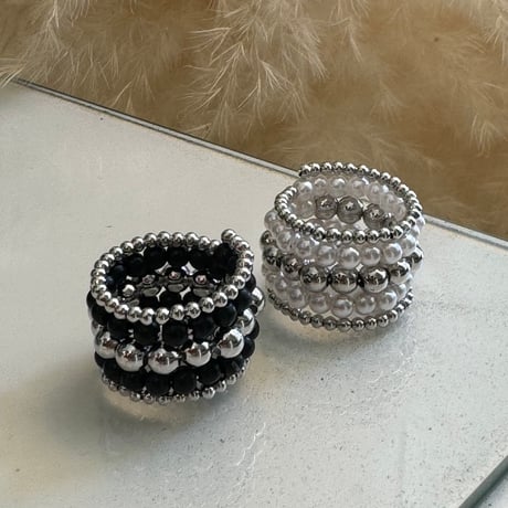 2408RG0503 / Ball Beads square ring（Silver/Pearl）