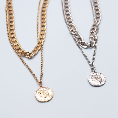 Coin Layered Thick Link Chain Necklace（Silver）  / 2106-NC061