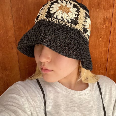 2406HW0038(S)/ Flower crochet Hat（Black）