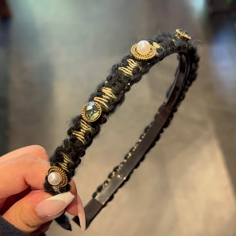 2409HA0077 / Pearl stone embroidery headband（Black）