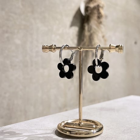Black flower metal hoop pierce（Silver/Black）/ 2210_PR0535