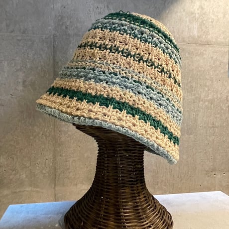 2407HW0043(S)/ Border color crochet Hat Hat（Beige×LtBlue×Green）