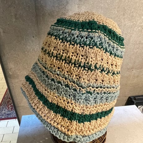 2407HW0043(S)/ Border color crochet Hat Hat（Beige×LtBlue×Green）