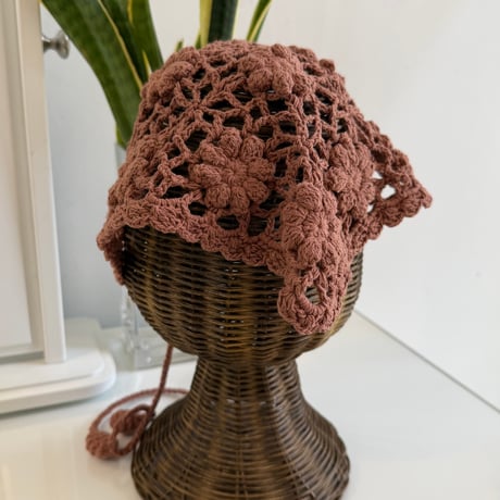 2606GS072(S) / Flower Motif Crochet Head Scarf (Coffee)