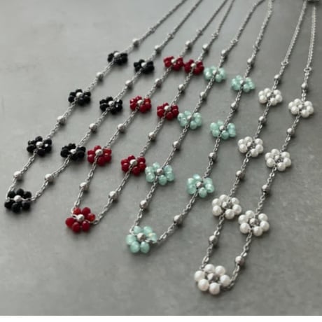 2603NC0380 / Beads Flower Necklace（Silver/ Light Blue）