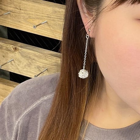 Line Ball drop Chain Clip Earrings（Silver） /  2112_ER093