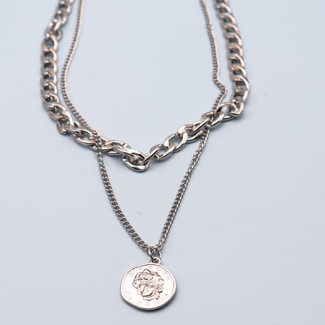 Coin Layered Thick Link Chain Necklace（Silver）  / 2106-NC061