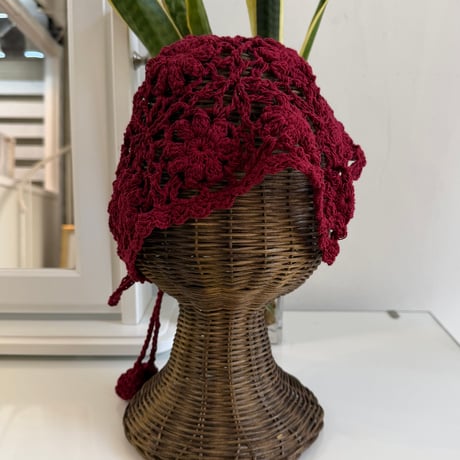 2606GS072(S) / Flower Motif Crochet Head Scarf (Wine)