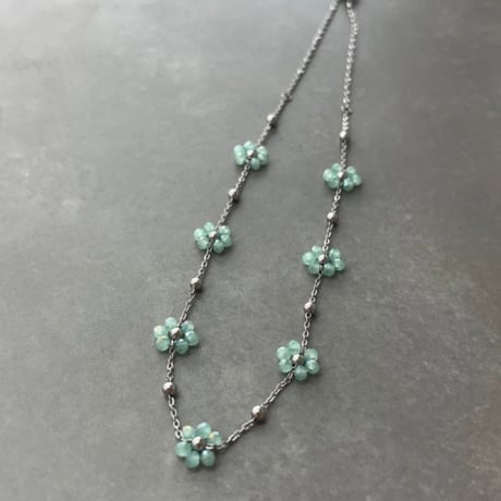 2603NC0380 / Beads Flower Necklace（Silver/ Light Blue）