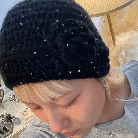 2412HW0065(S)/  Flower knit beanie（Black）