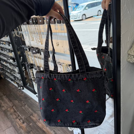 2507BG036(S)/  Flower denim  Bag (Black)