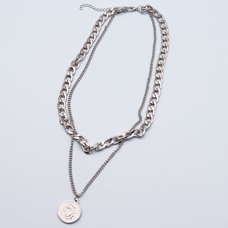 Coin Layered Thick Link Chain Necklace（Silver）  / 2106-NC061