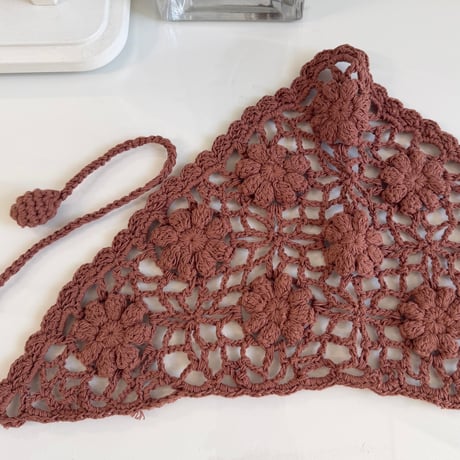 2606GS072(S) / Flower Motif Crochet Head Scarf (Coffee)