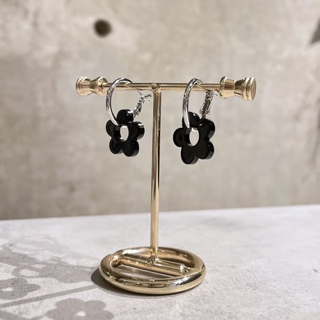 Black flower metal hoop pierce（Silver/Black）/ 2210_PR0535
