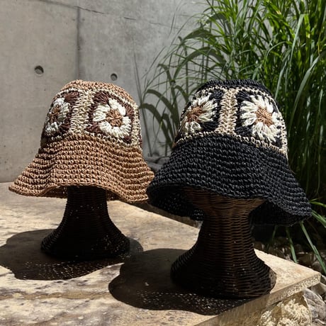 2406HW0038(S)/ Flower crochet Hat（Black）